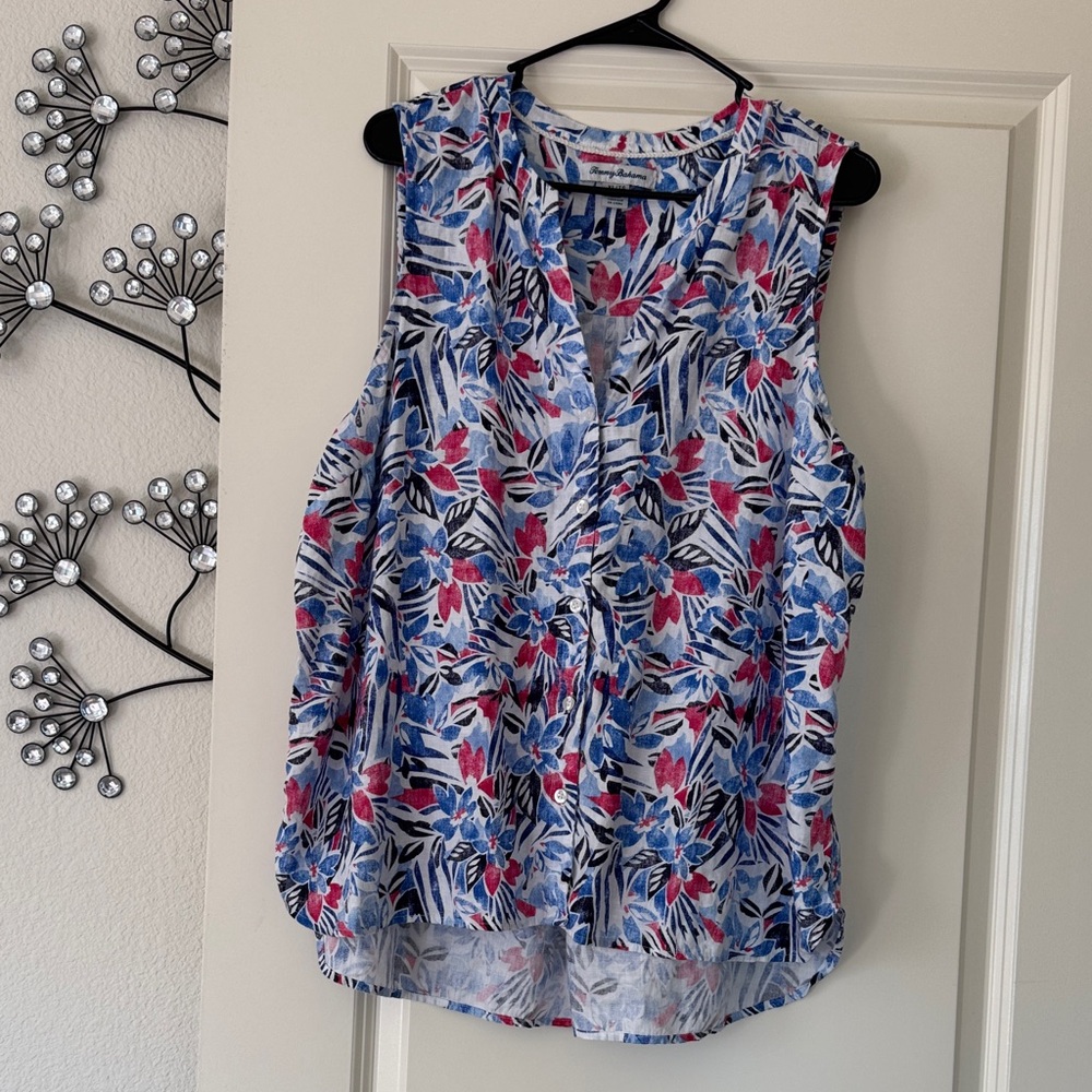 Tommy Bahama Size XL Floral Sleeveless Blouse - Blue and‎ Pink